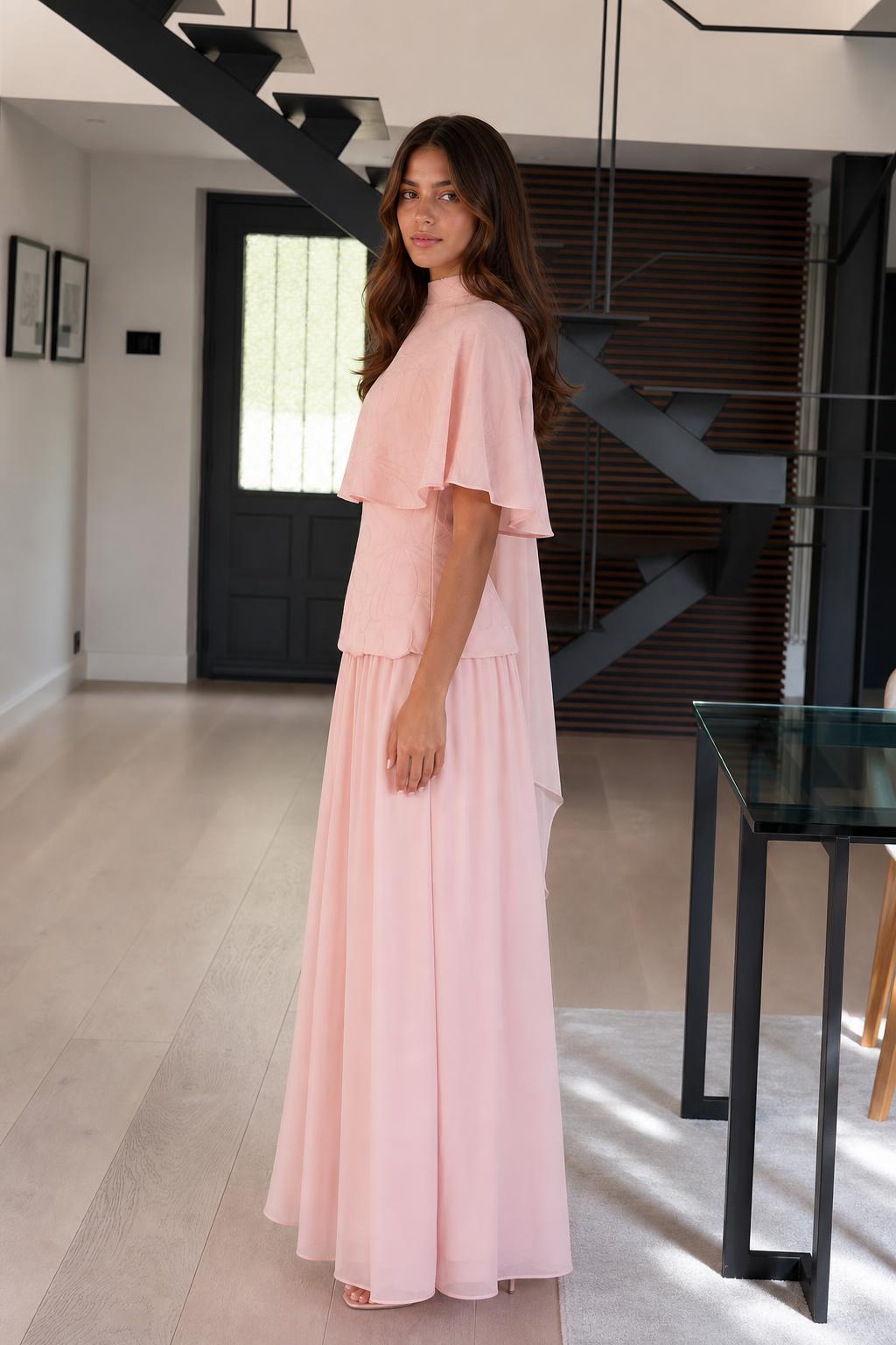 Elegance Cape Overlay Mock Neck Maxi Dress in Pink side view