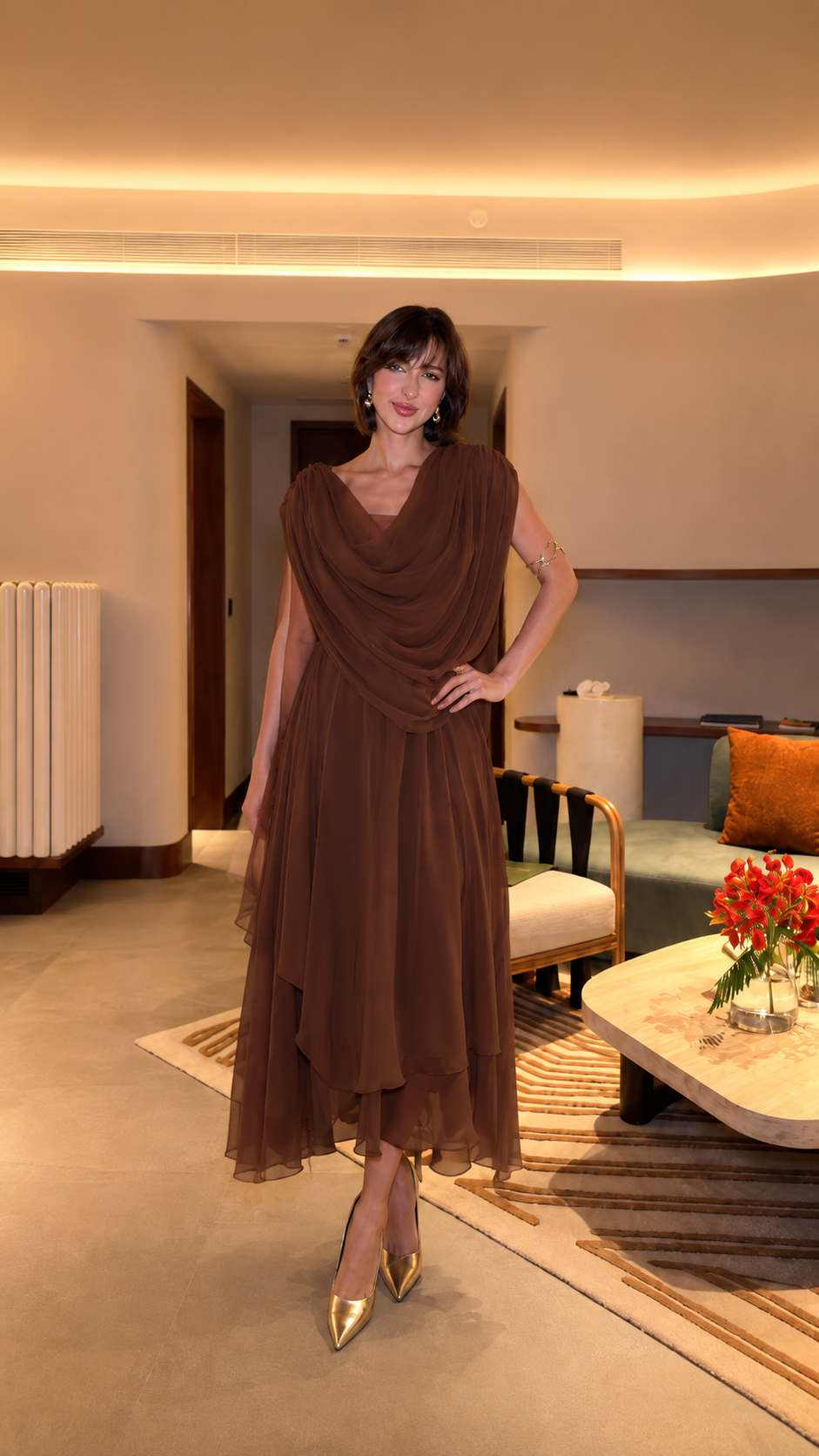 Front view of chocolate brown draped midi evening dress with soft cowl neckline
