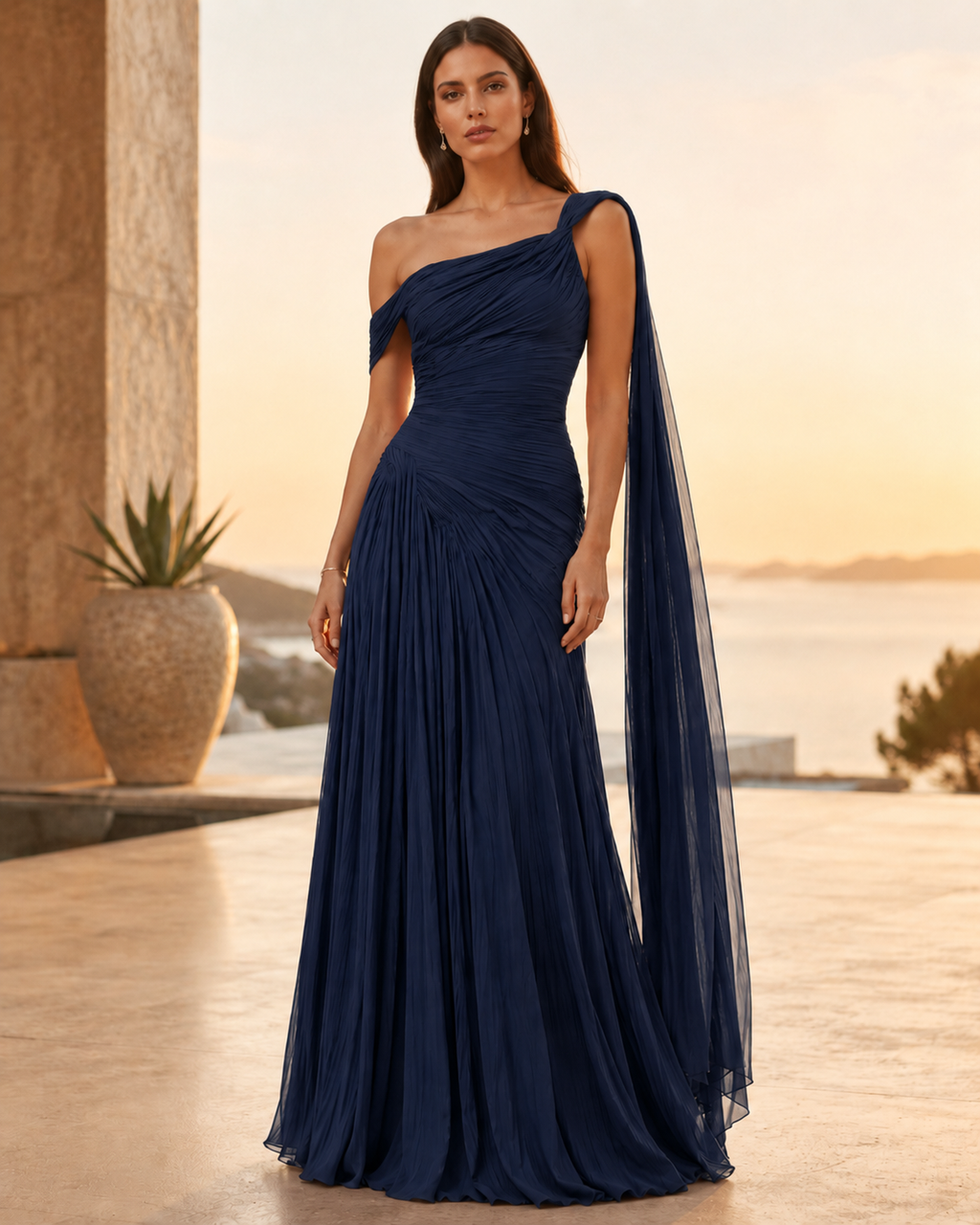 Navy one-shoulder pleated formal gown with flowing skirt and long sheer cape detail