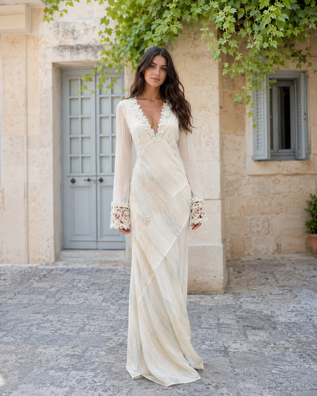 Ivory lace trim deep V maxi dress with sheer long sleeves front view