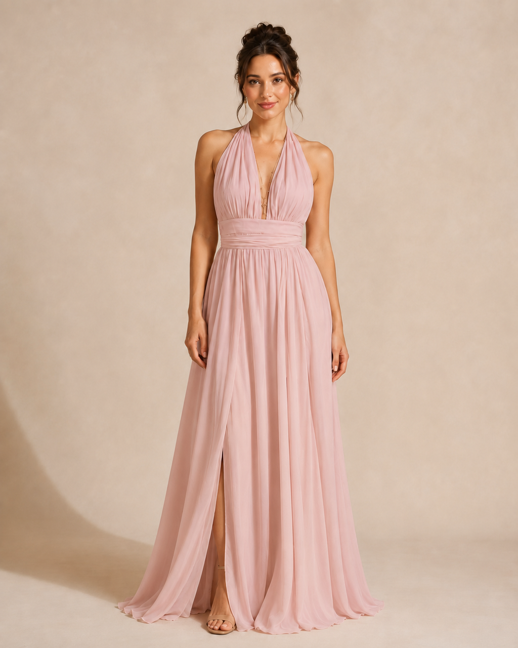 Full-length front view of dusty pink halter maxi dress with deep neckline and front slit
