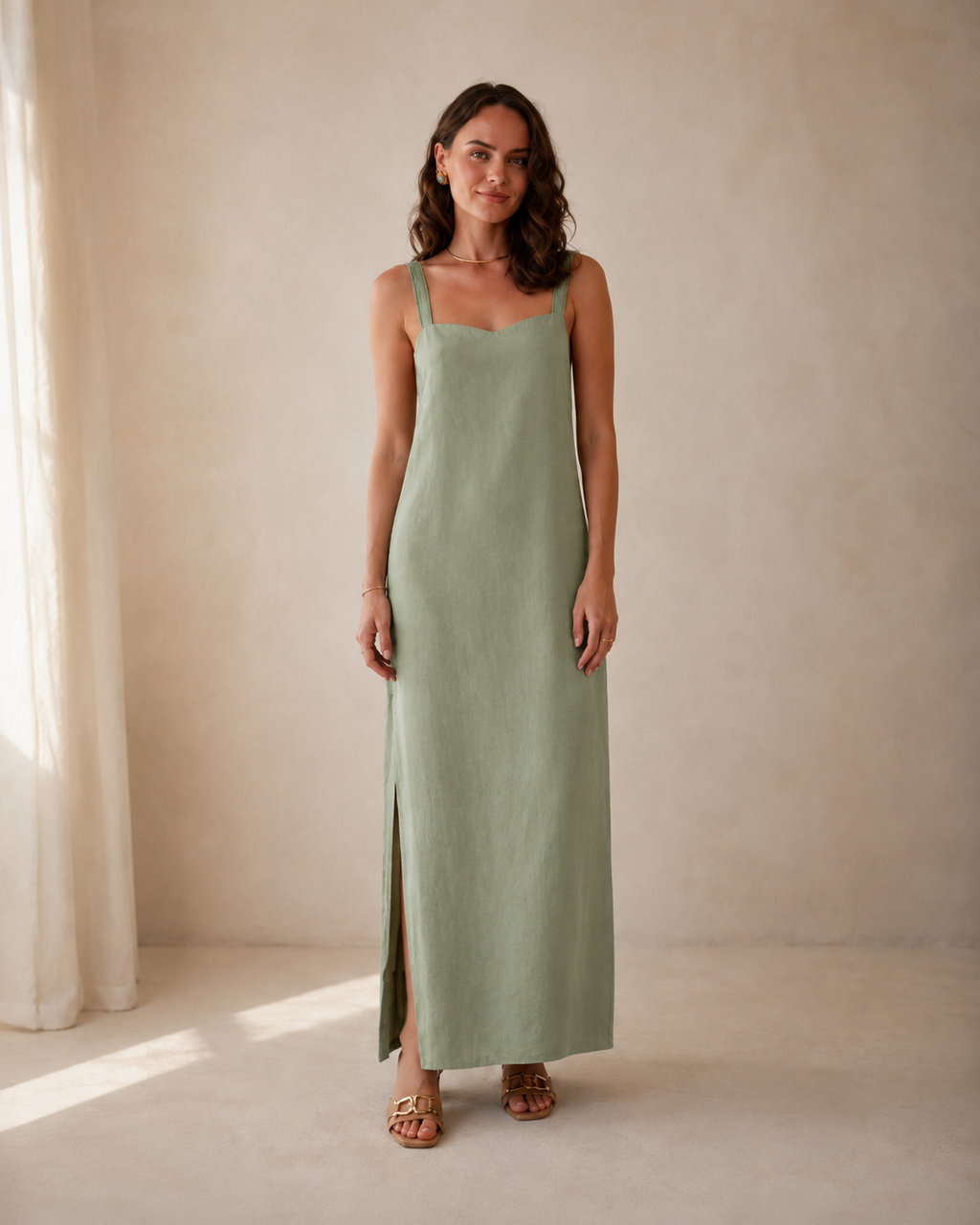 Front view of sage green sleeveless square neck maxi slip dress with side slit