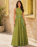 Front view of olive green sleeveless maxi dress with round neckline and waist tie