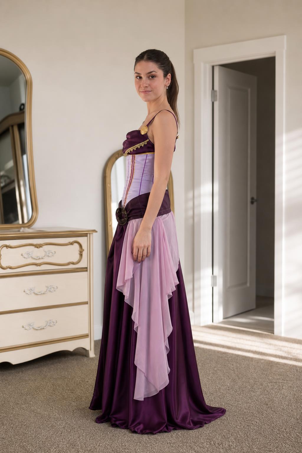 Renaissance medieval corset maxi dress in purple side view