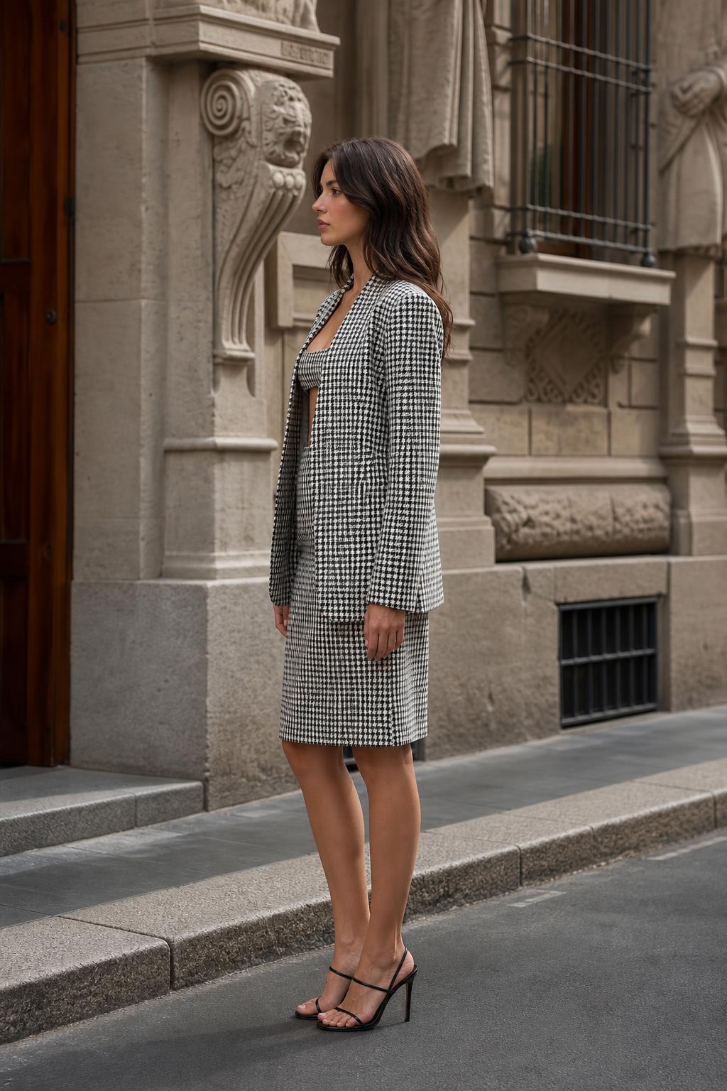 Side profile of model in black and white houndstooth suit set