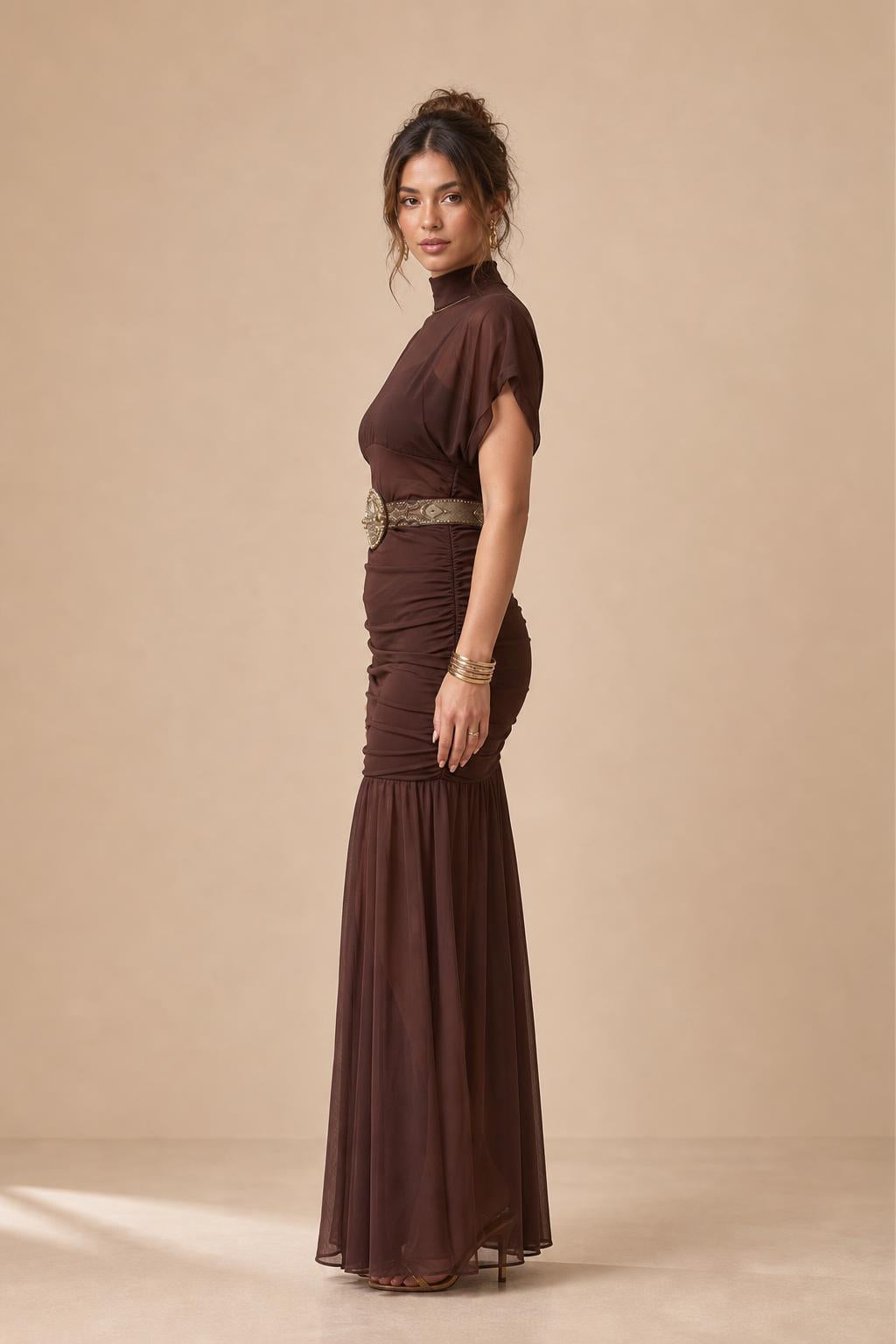 Side profile view of the brown mesh maxi dress