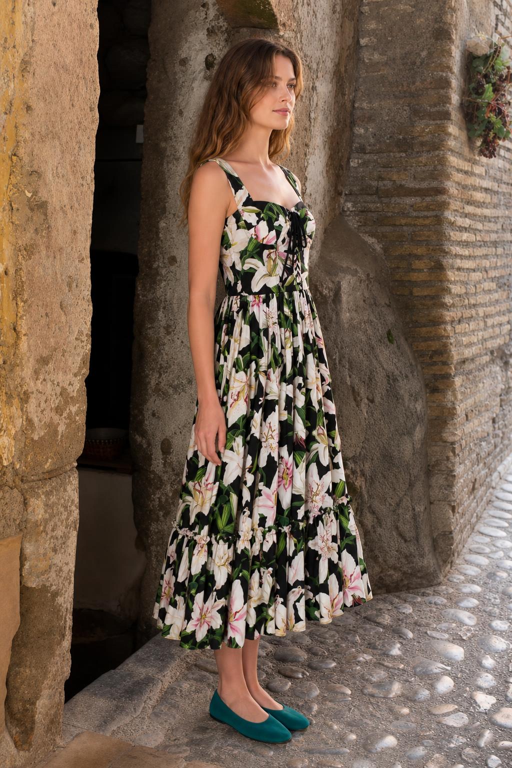 Side profile view of black floral midi dress