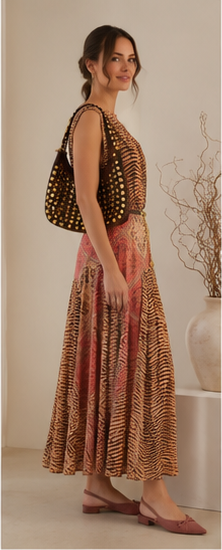 Side view of the sleeveless mixed-print belted midi dress