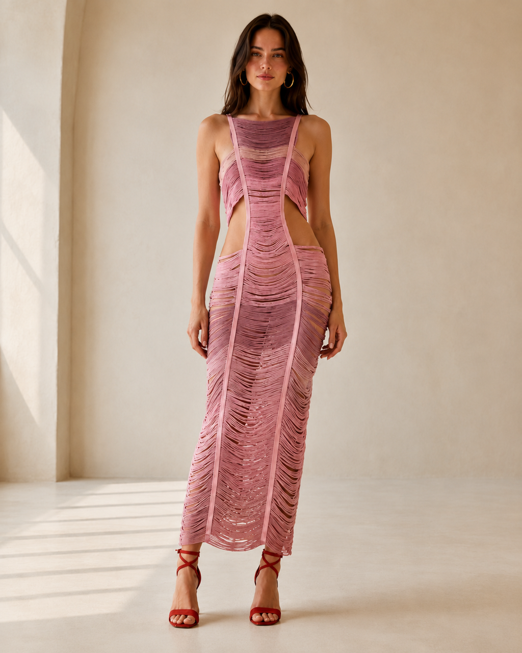 Front view of blush pink sleeveless ruched cutout maxi dress