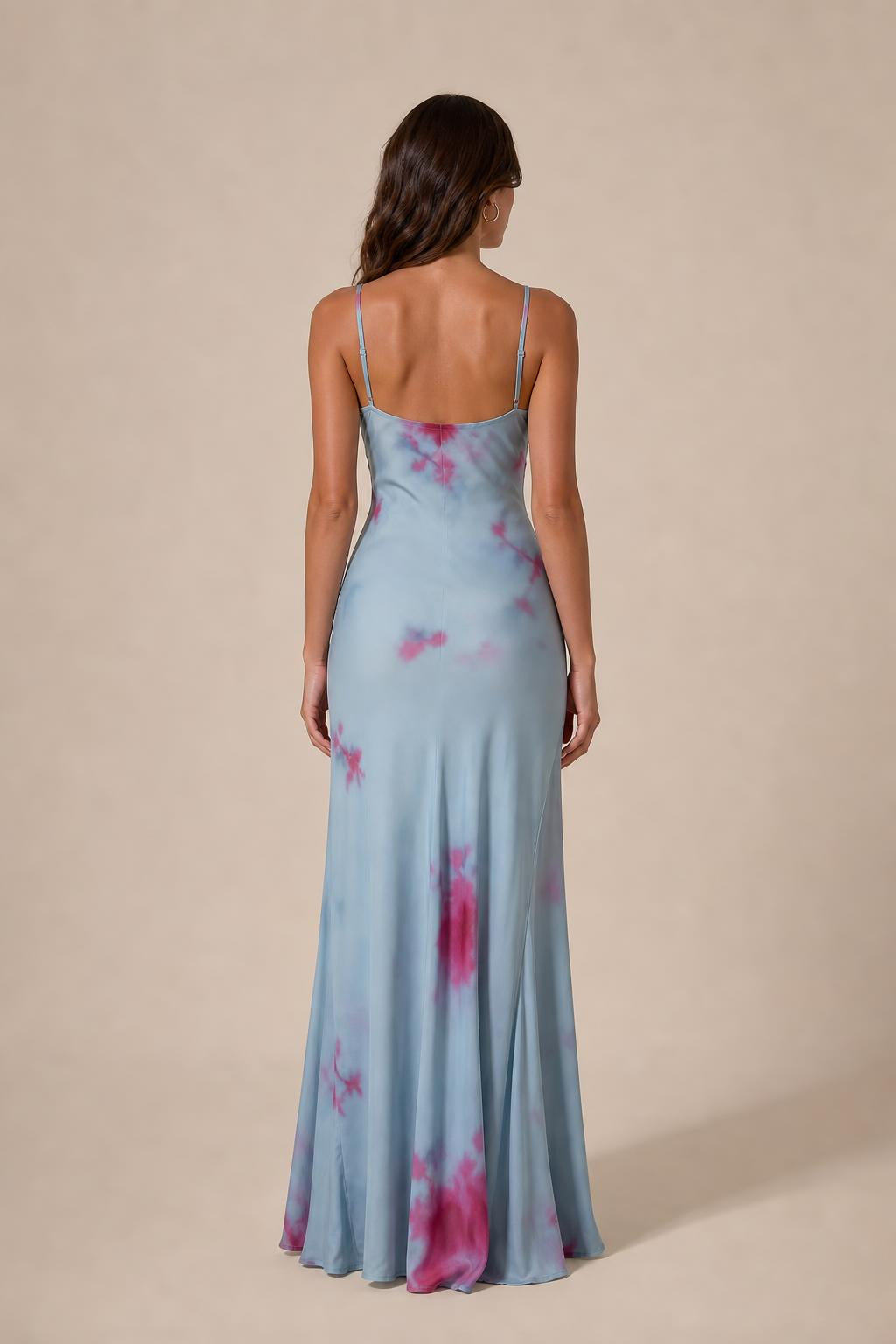 Model wearing light blue tie-dye cami slip maxi dress, back view