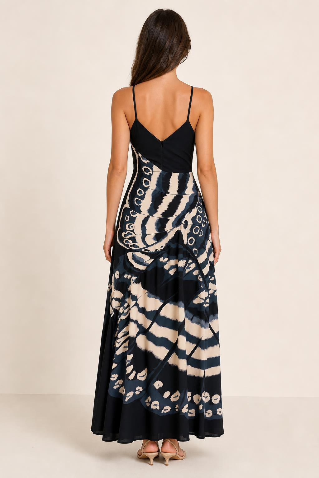 Womens black V-neck butterfly print maxi dress back view