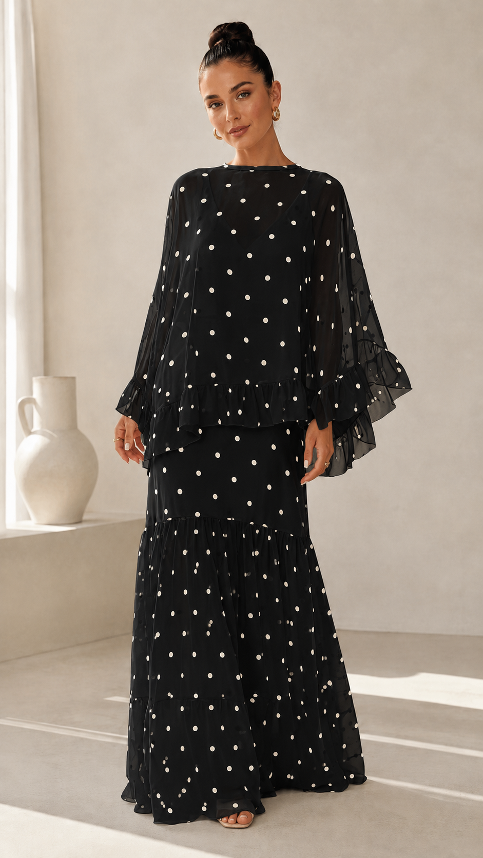 Black polka dot maxi dress with sheer long sleeves and ruffle hem