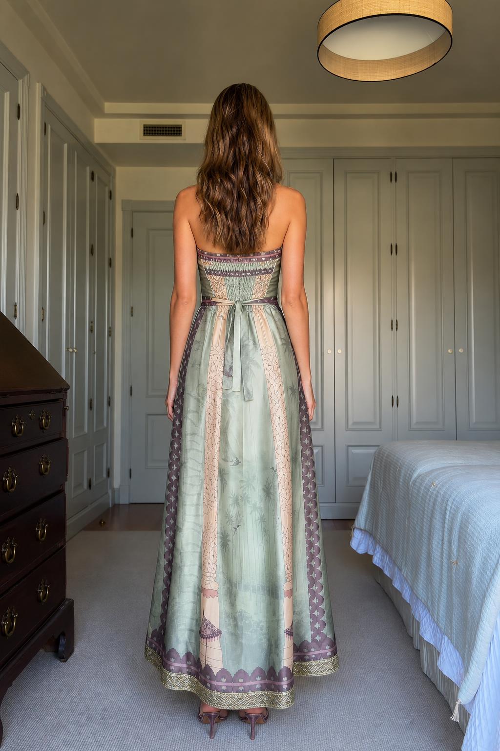 Back view of model in Sage Green maxi dress