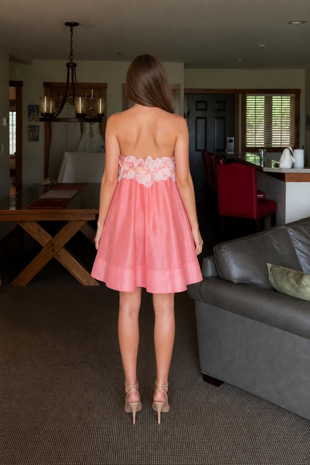Back view of model wearing pink strapless mini dress with floral back detail