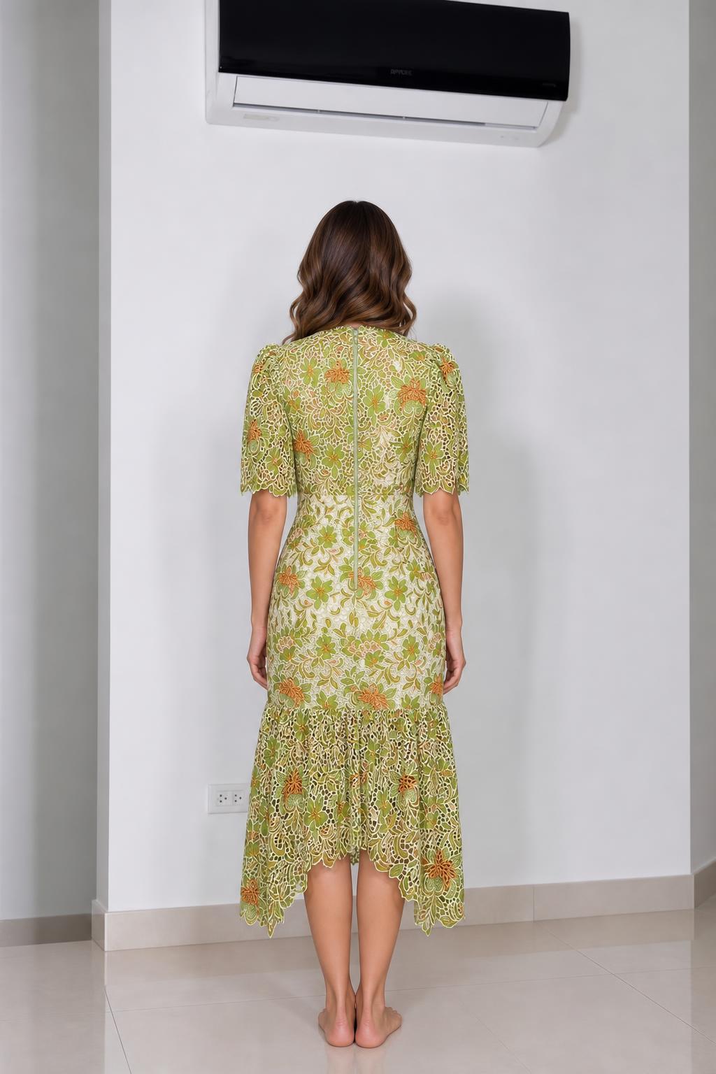 Back view of green floral lace midi dress