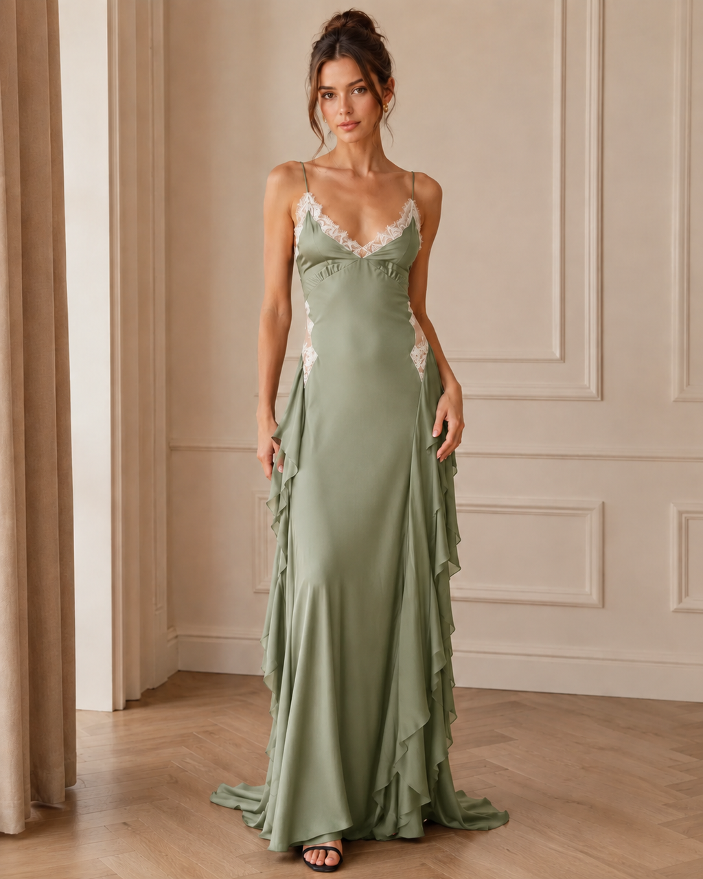 Front view of sage green lace trim satin-look slip maxi dress with flowing hem