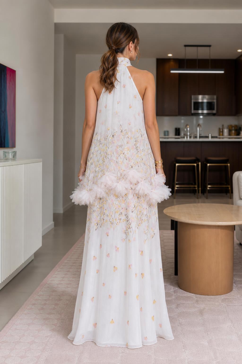 Back view of white floral halter maxi dress