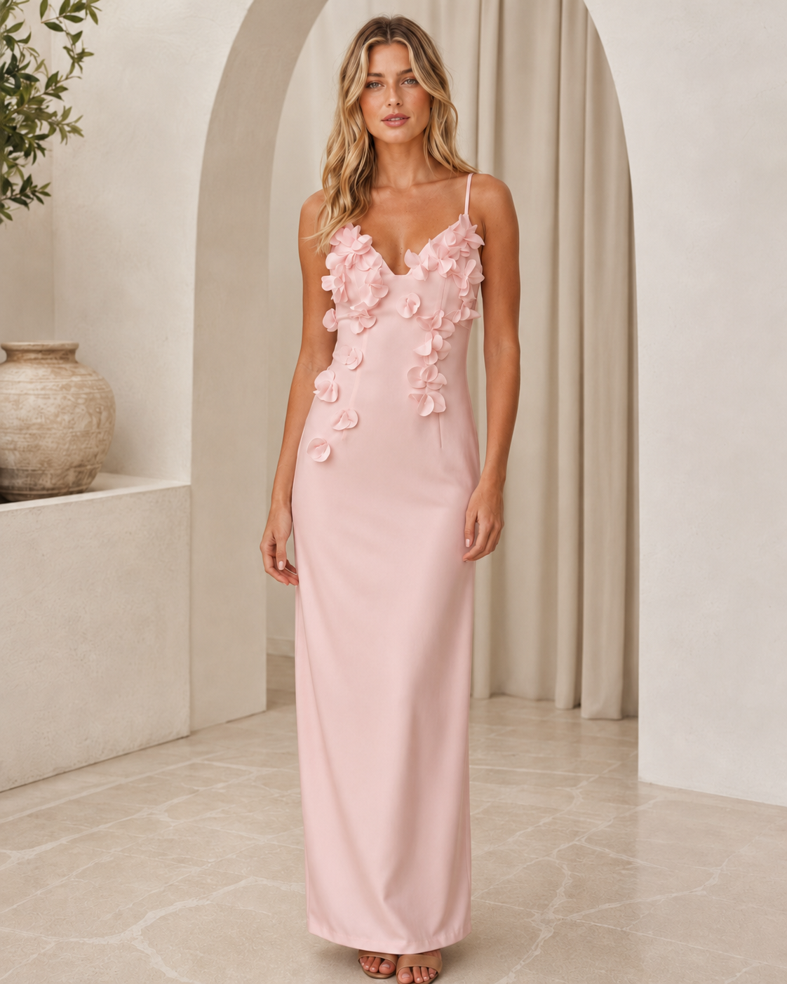 Blush pink floral appliqué cami maxi dress front view