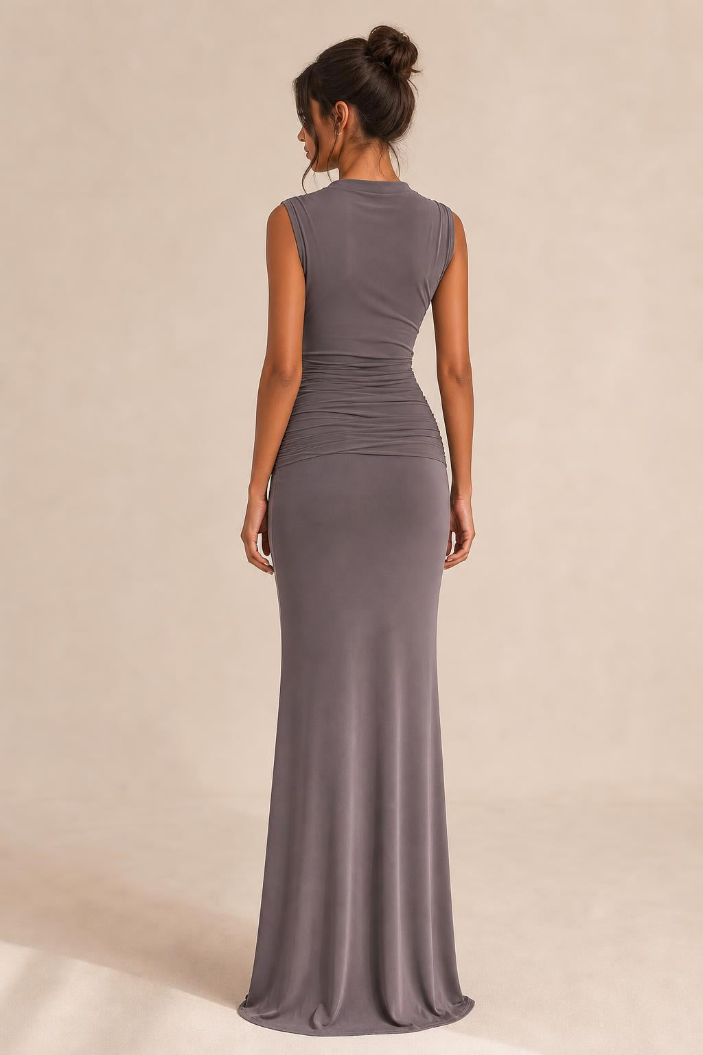 Back view of charcoal maxi dress