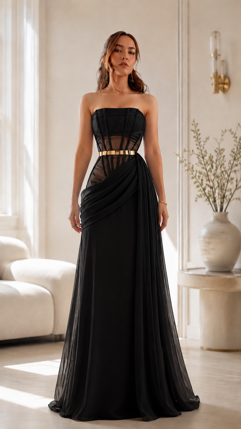 Black strapless draped corset maxi evening dress front view