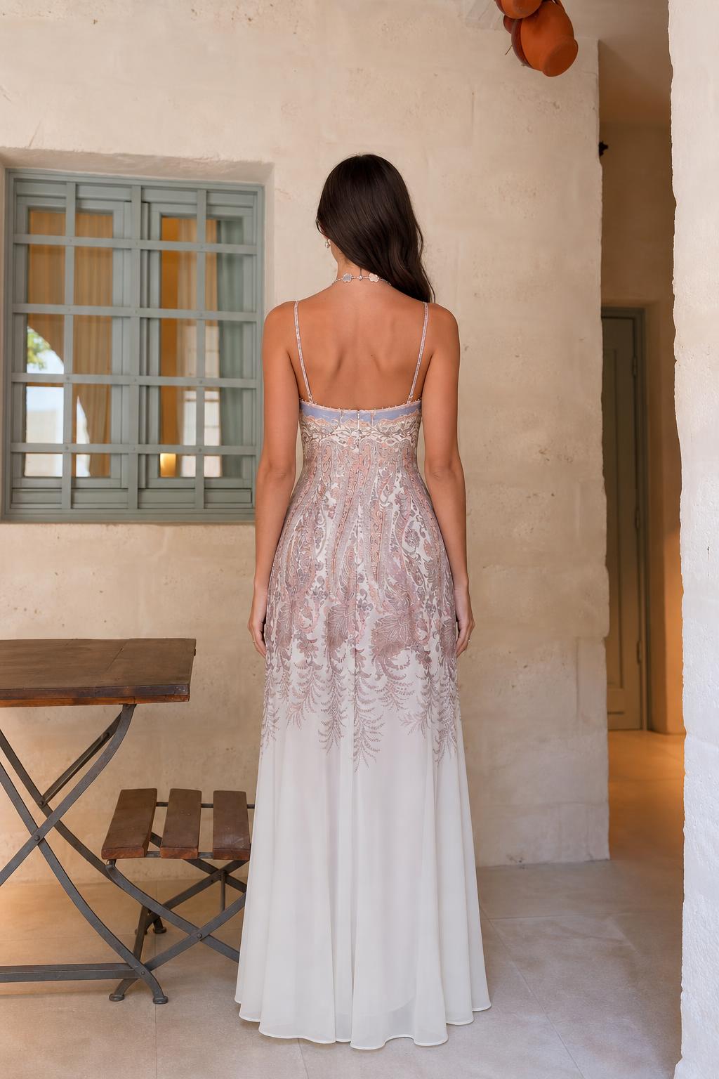 White paisley maxi dress back view