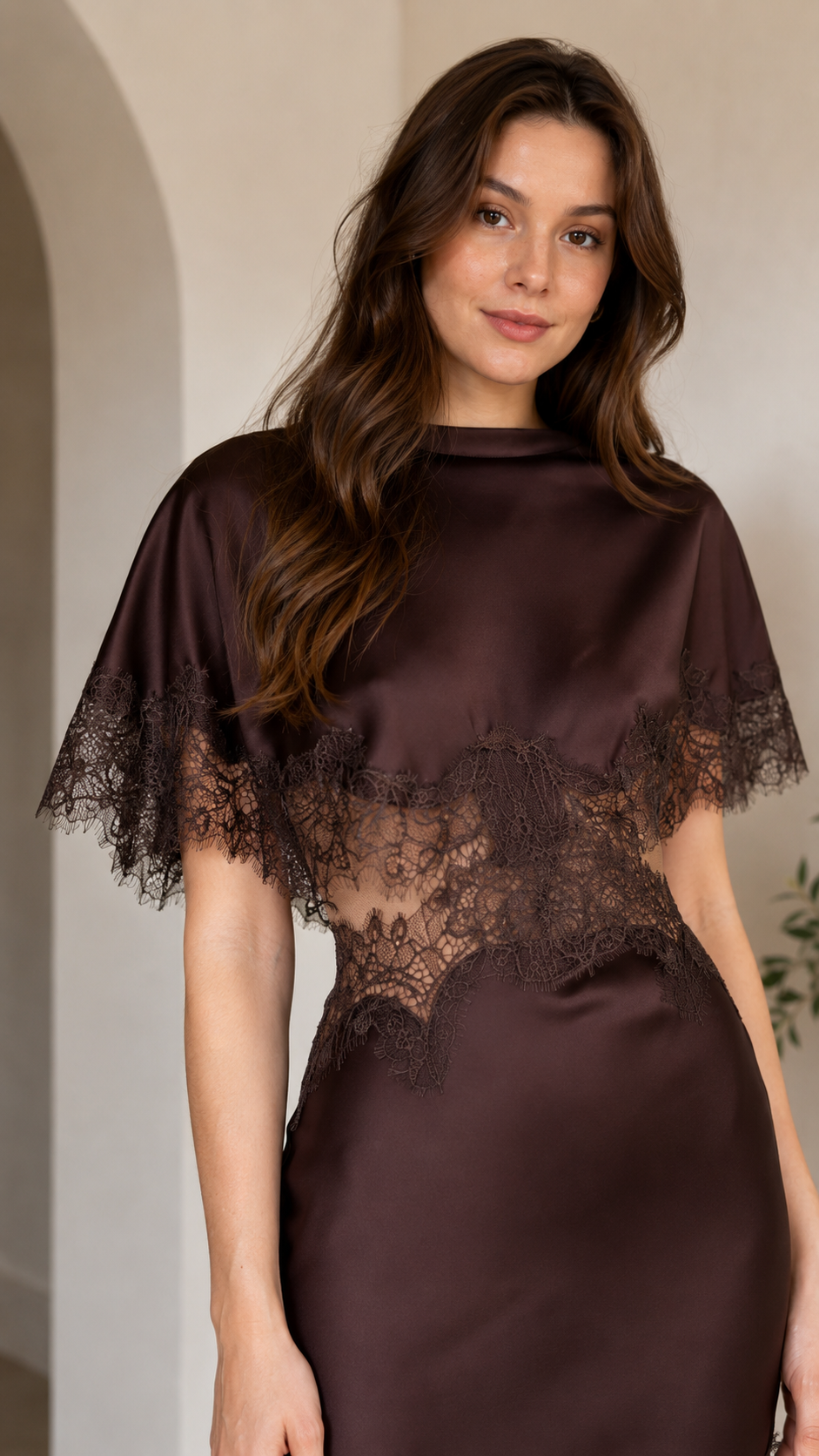 Close-up of chocolate brown satin-look dress showing high neckline and lace-trimmed sleeves