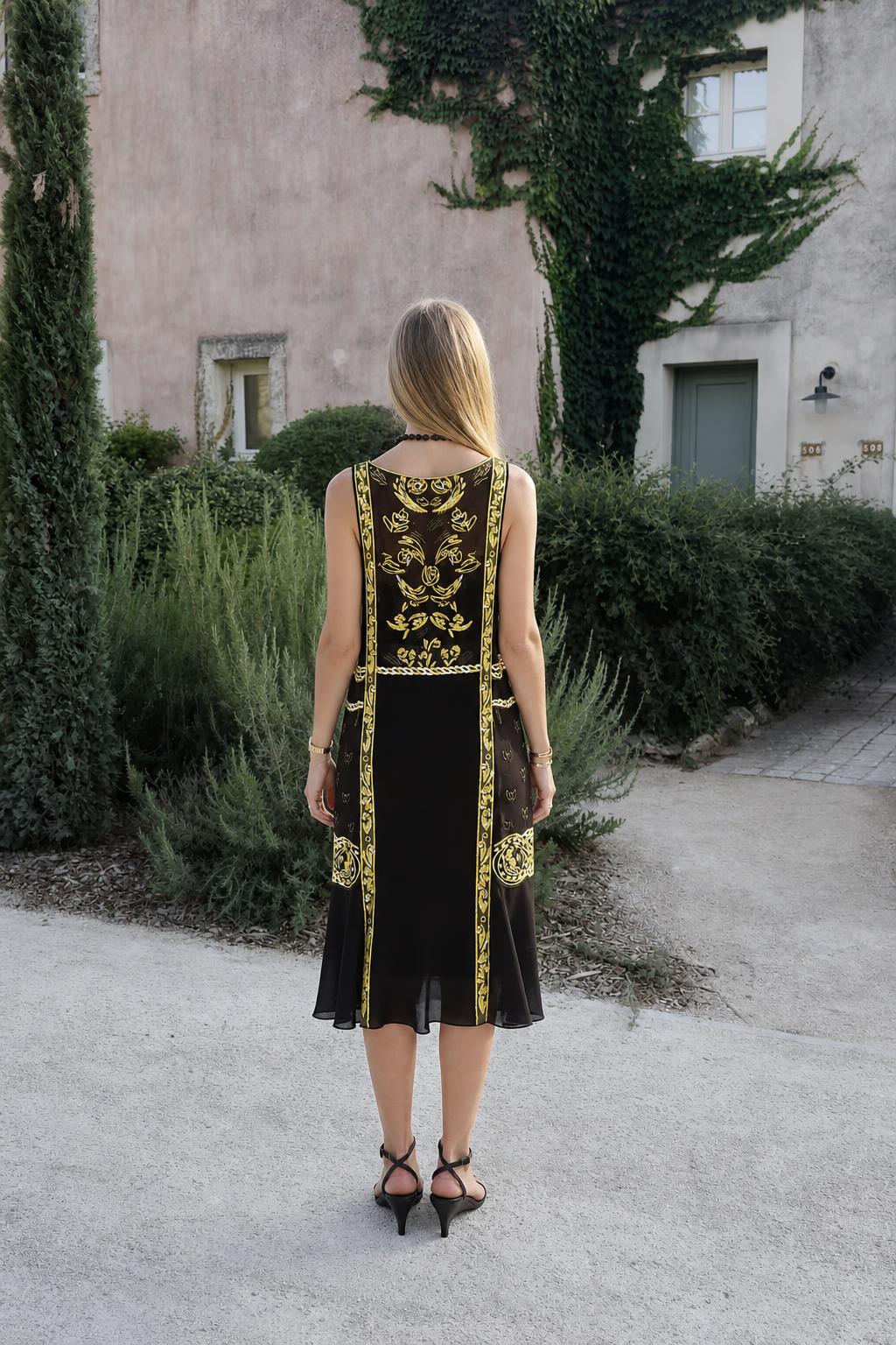 Model wearing black vintage gold print midi dress back view