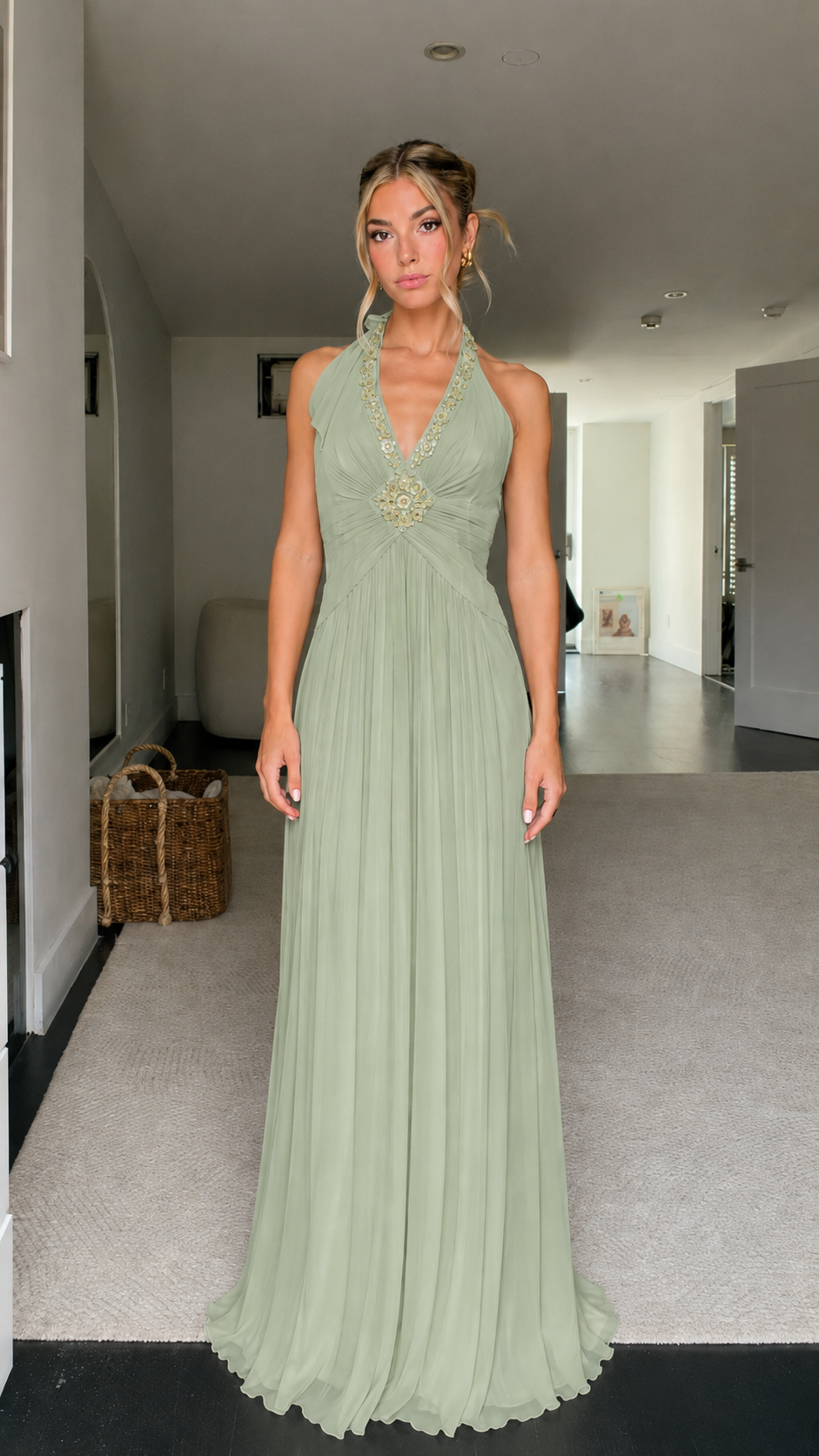 Front view of sage beaded halter pleated maxi dress