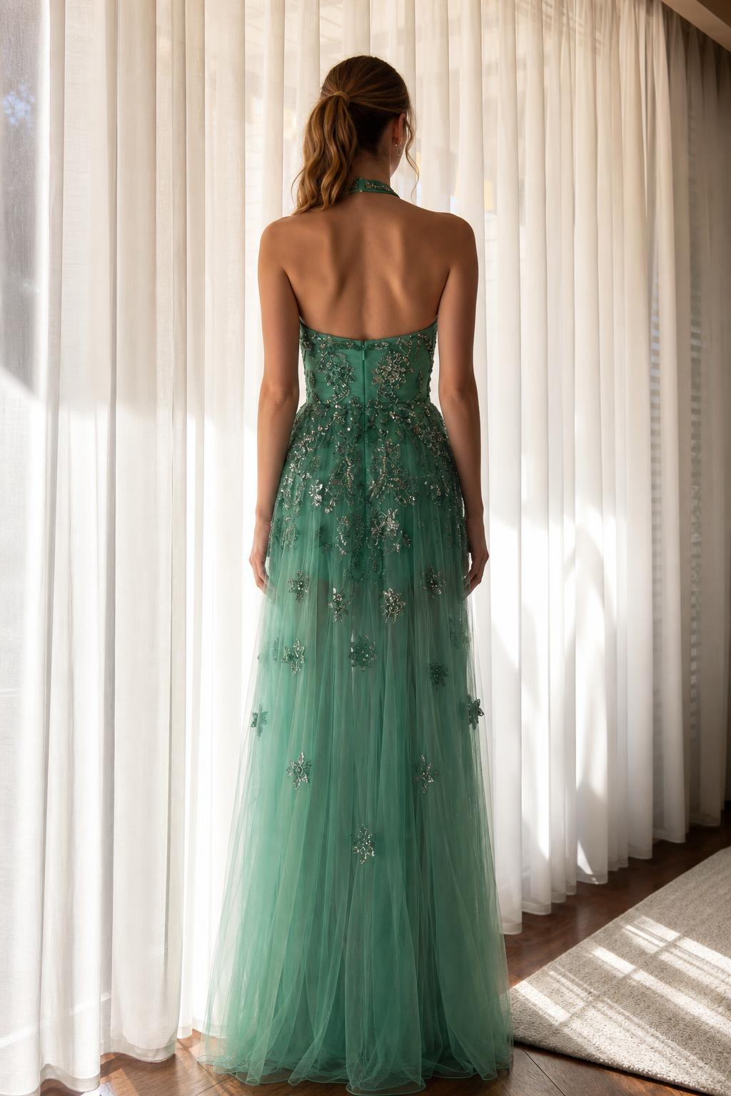 Back view of green halter maxi dress