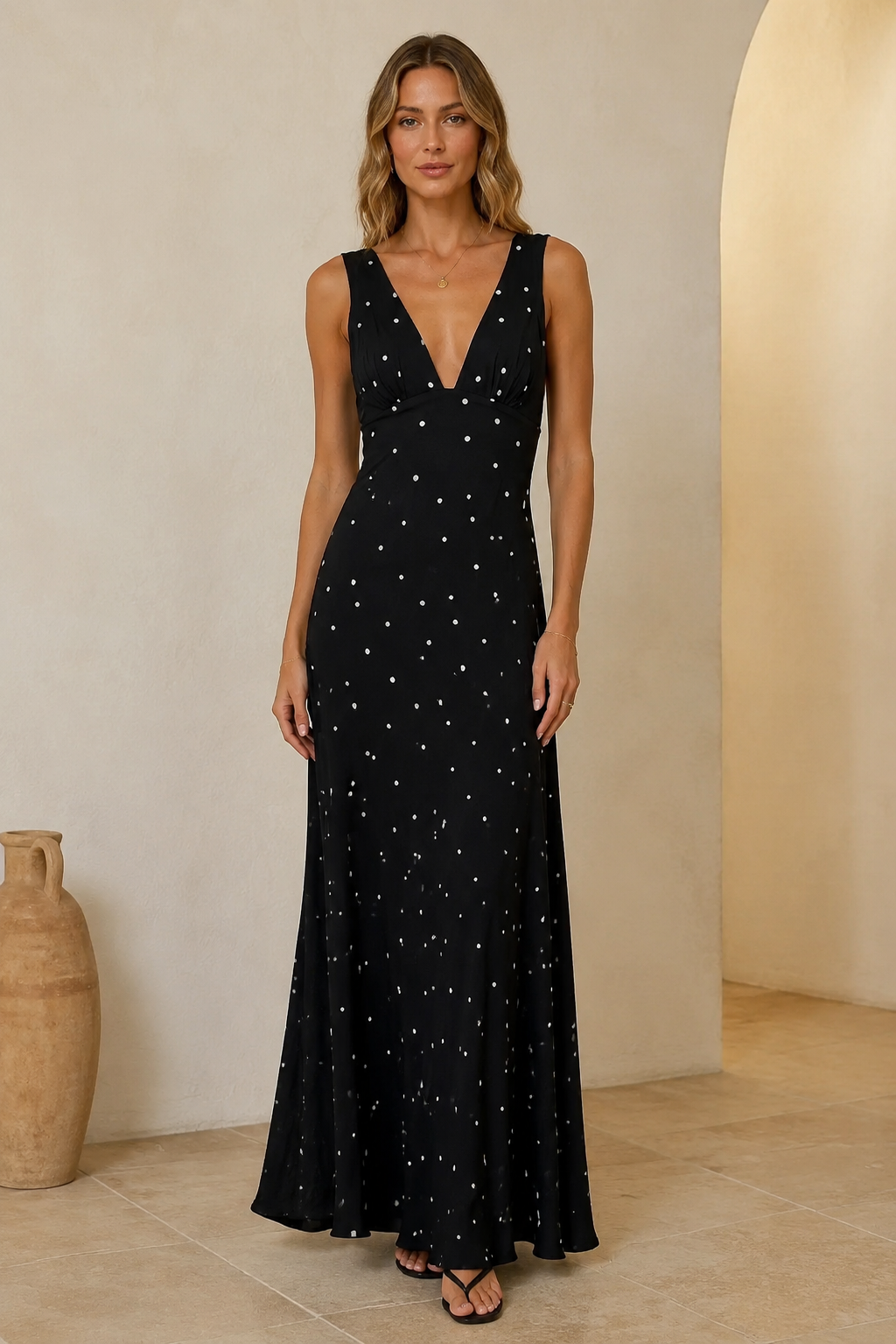 Black sleeveless deep V maxi dress with small dotted pattern front view