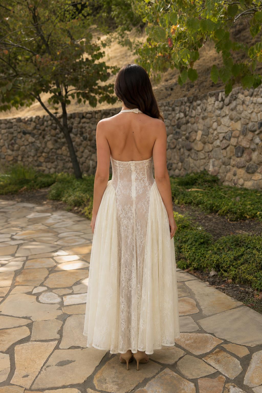 Back view of Cream Halter Lace Maxi Dress