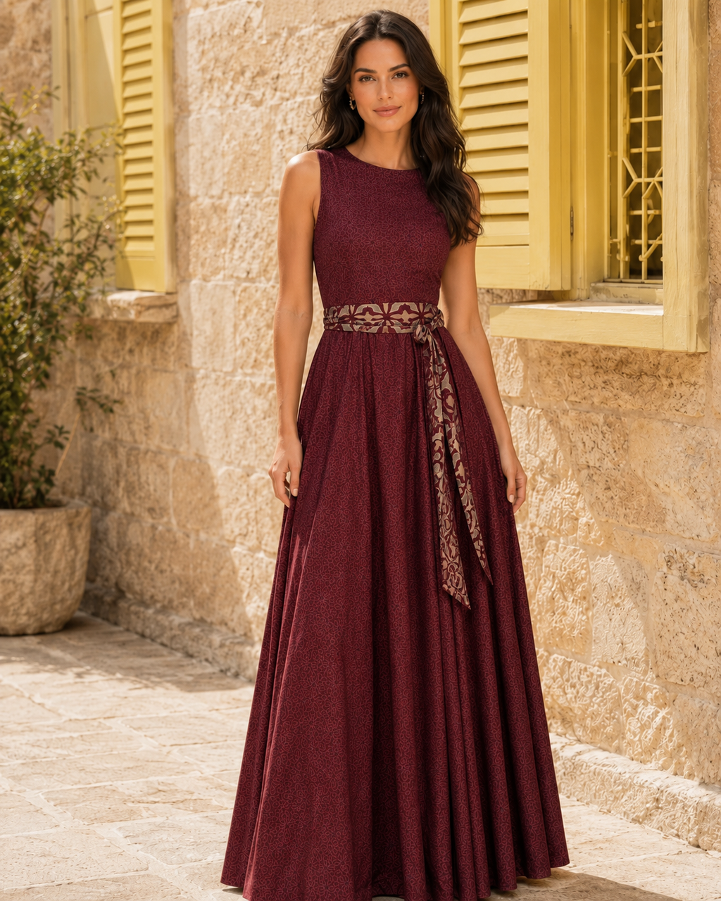 Front view of burgundy sleeveless shimmer maxi dress with patterned waist sash