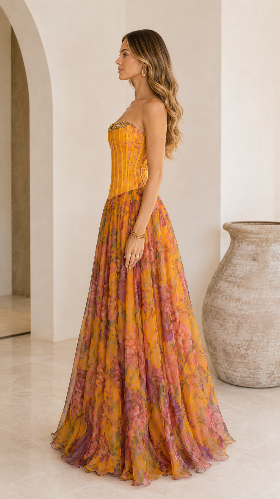 Marigold strapless corset floral maxi gown side view