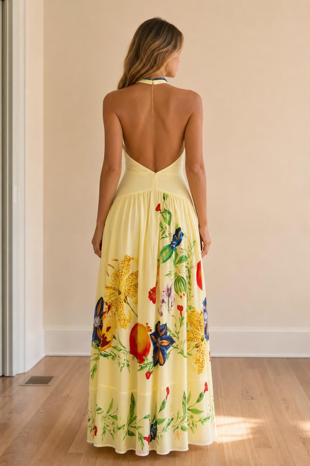Back view of yellow open back maxi dress