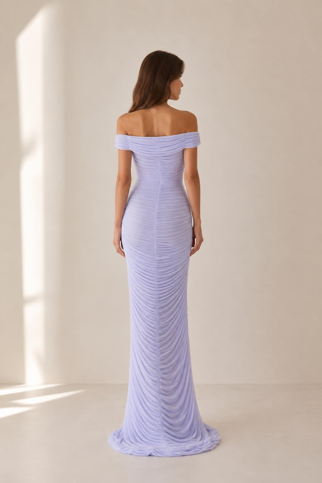 Back view of lavender off-the-shoulder evening gown