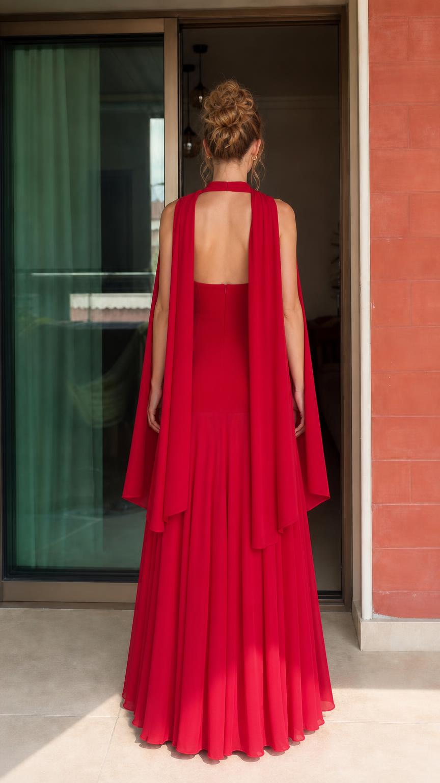 Back view of woman wearing red strapless evening gown