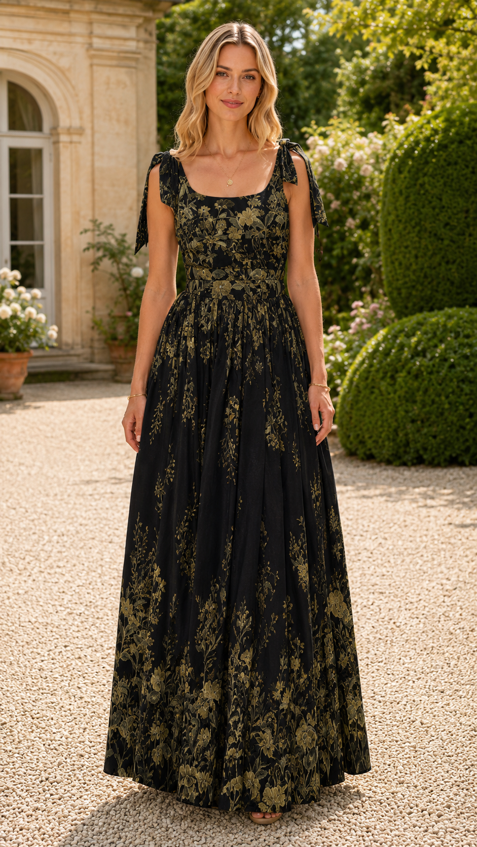 Model wearing a black floral tie-shoulder square neck maxi dress