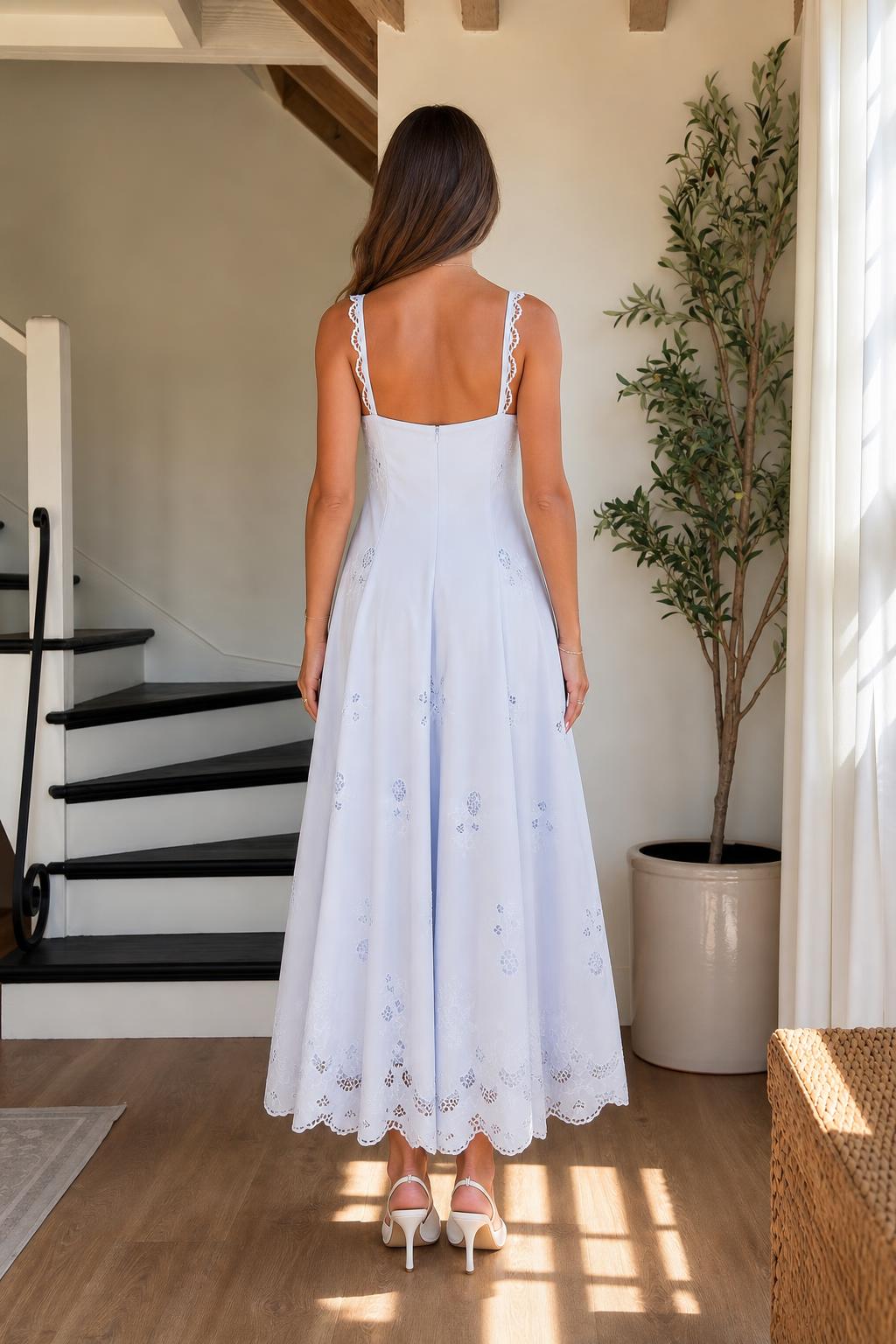 Elegance Embroidered Eyelet Midi Dress in Light Blue back view