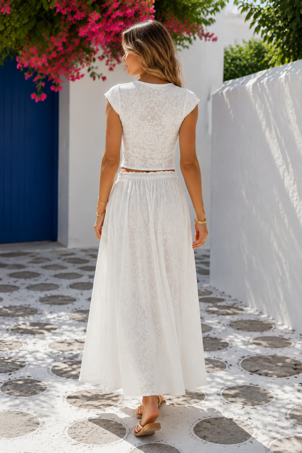 White lace-look two-piece set back view with full maxi skirt