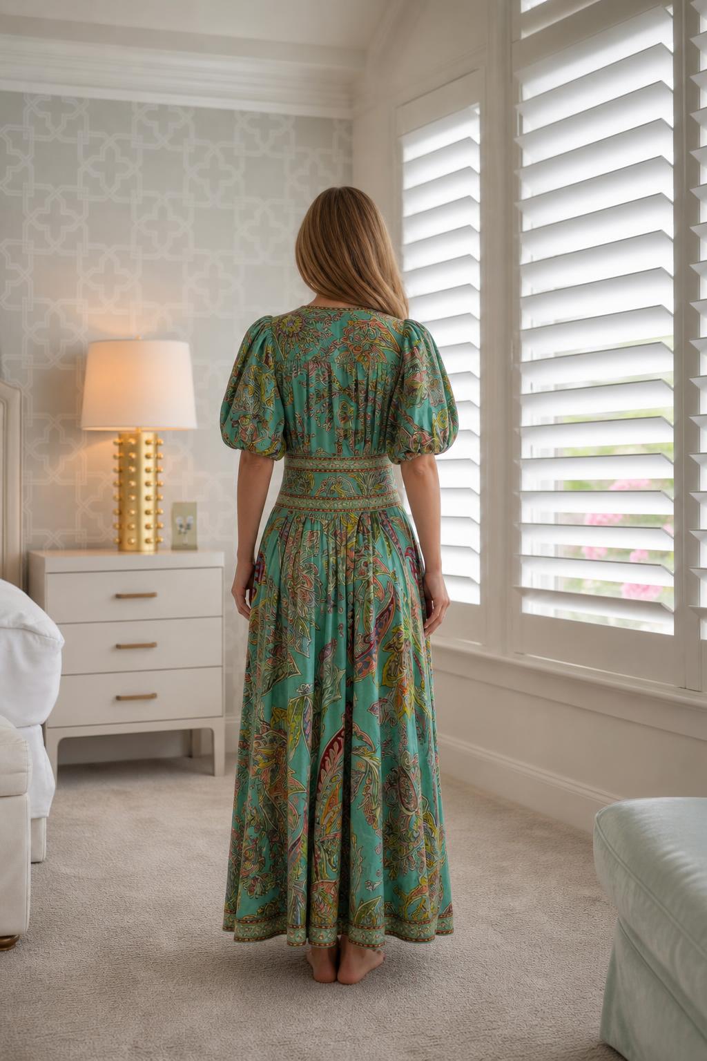Back view of Green Boho Floral Print Puff Sleeve Maxi Dress