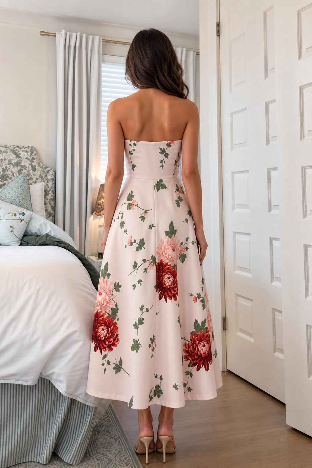 Back view of woman in pink floral midi dress