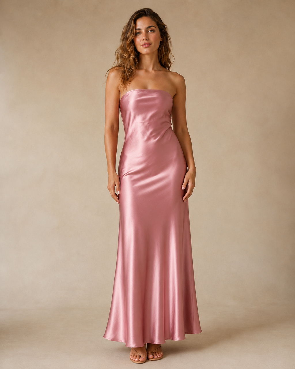 Front view of dusty rose strapless satin-look maxi dress with sleek drape