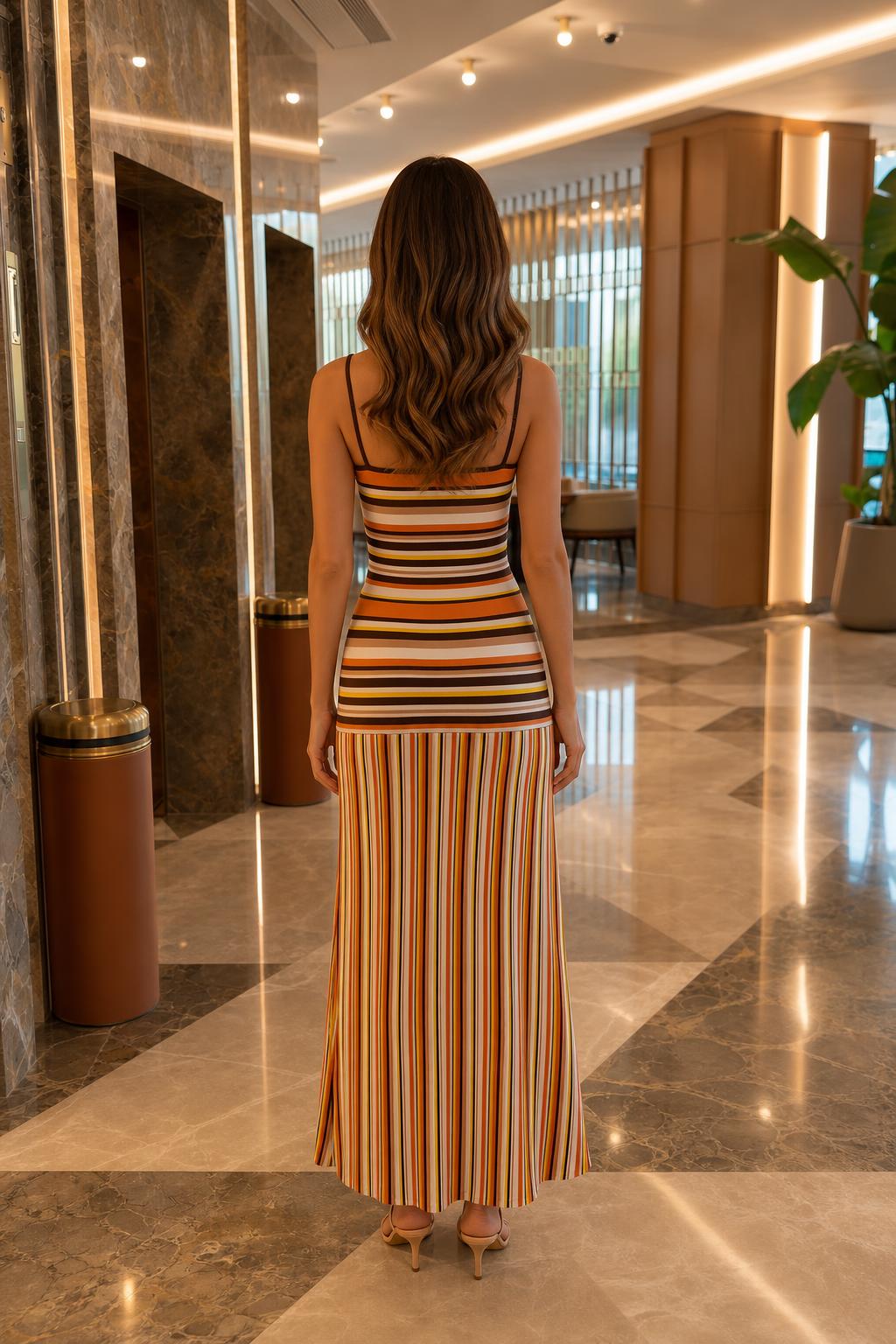 Back view of woman in multi stripe knit maxi dress
