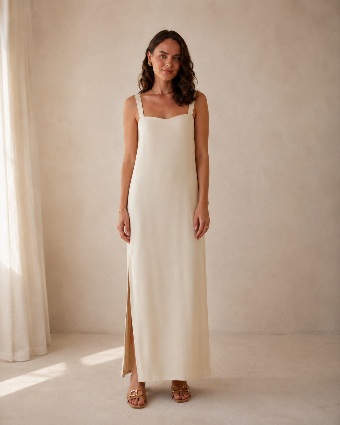 Front view of cream sleeveless square neck maxi slip dress with side slit