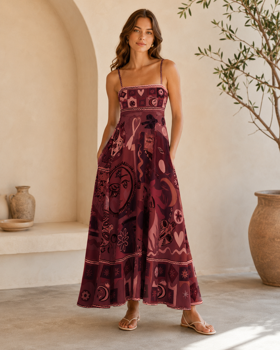 Front view of burgundy printed strappy maxi dress with artistic motif
