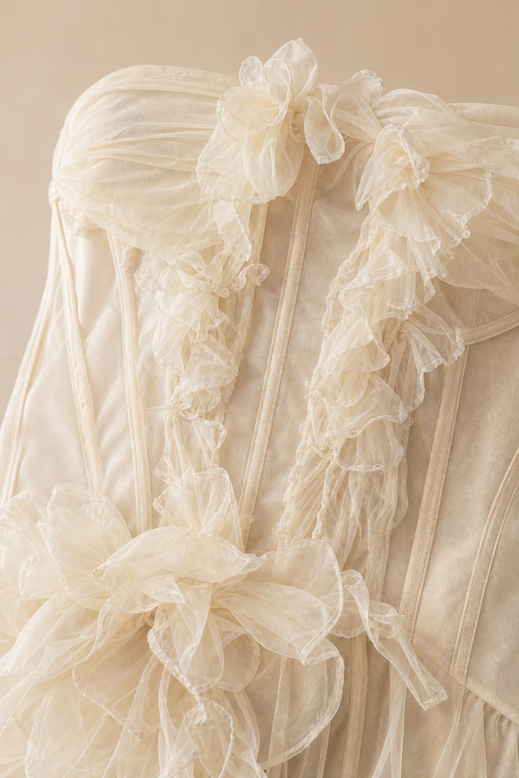 Close-up of structured bodice and ruffled tulle appliqués