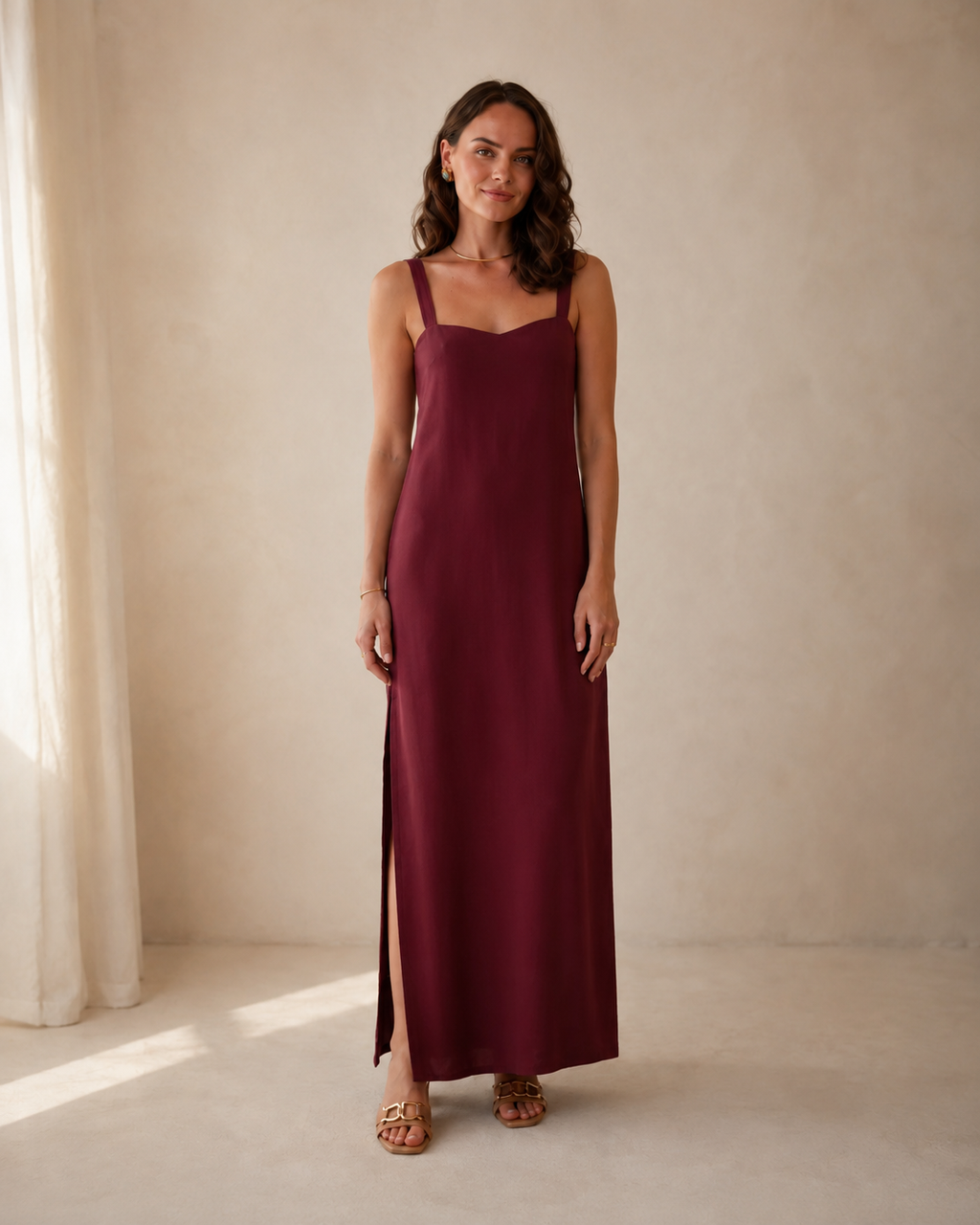 Front view of burgundy sleeveless square neck maxi slip dress with side slit