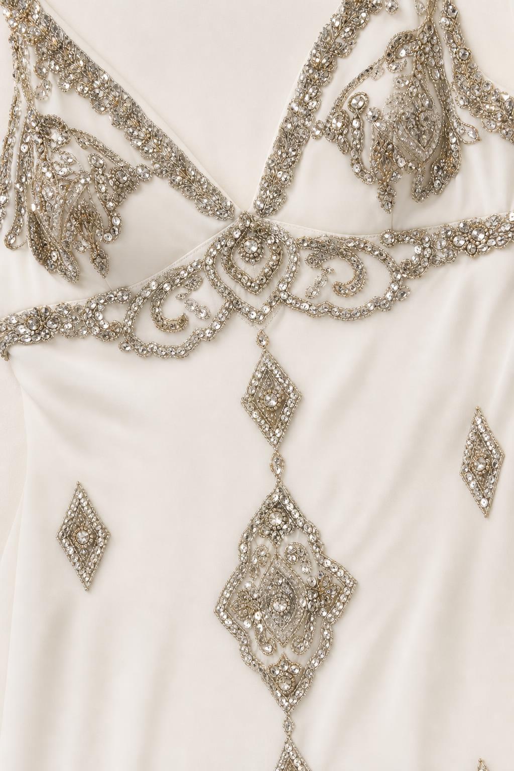 Close-up detail of metallic beadwork on the bodice