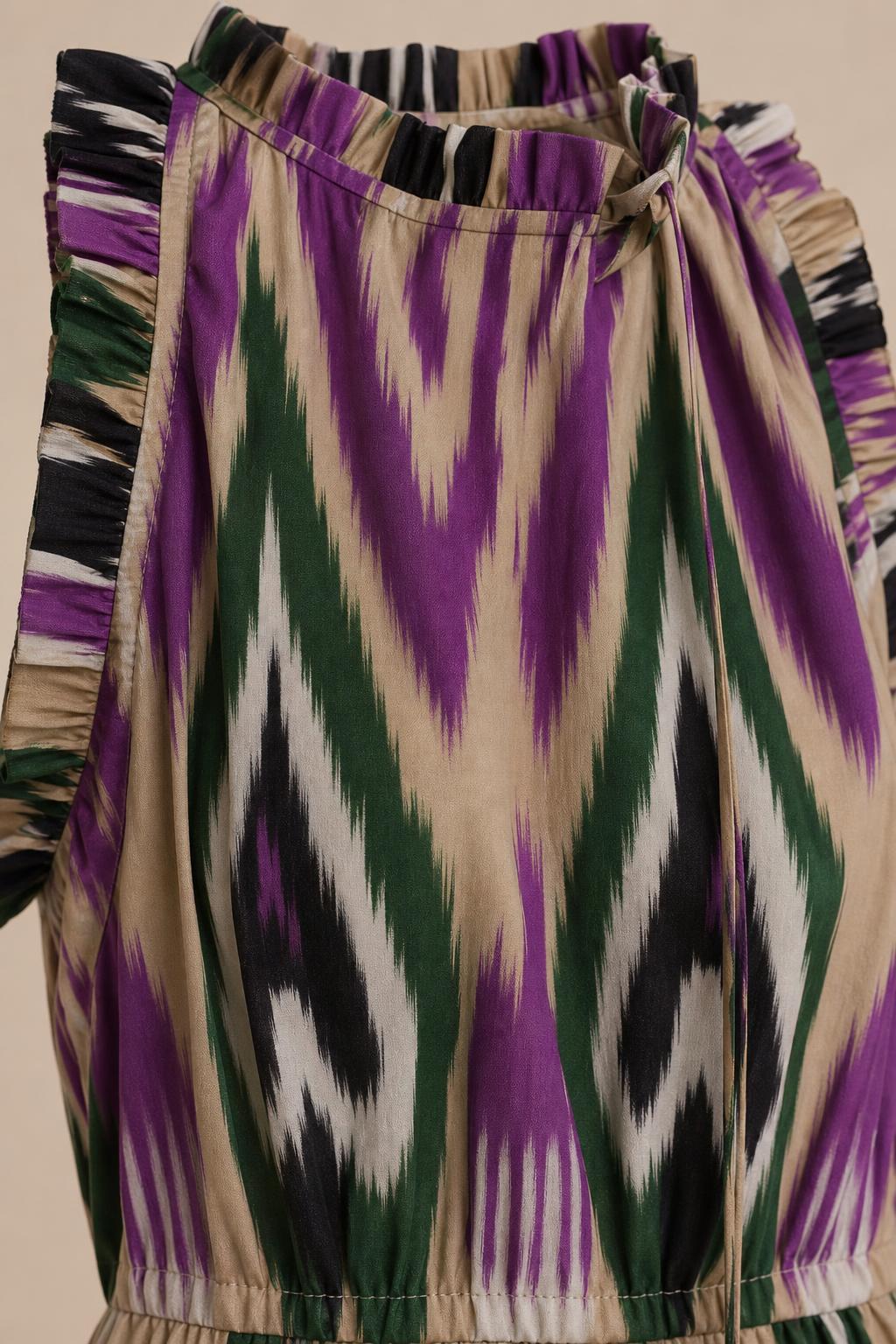 Close-up detail of the ruffled high neckline and ikat fabric texture