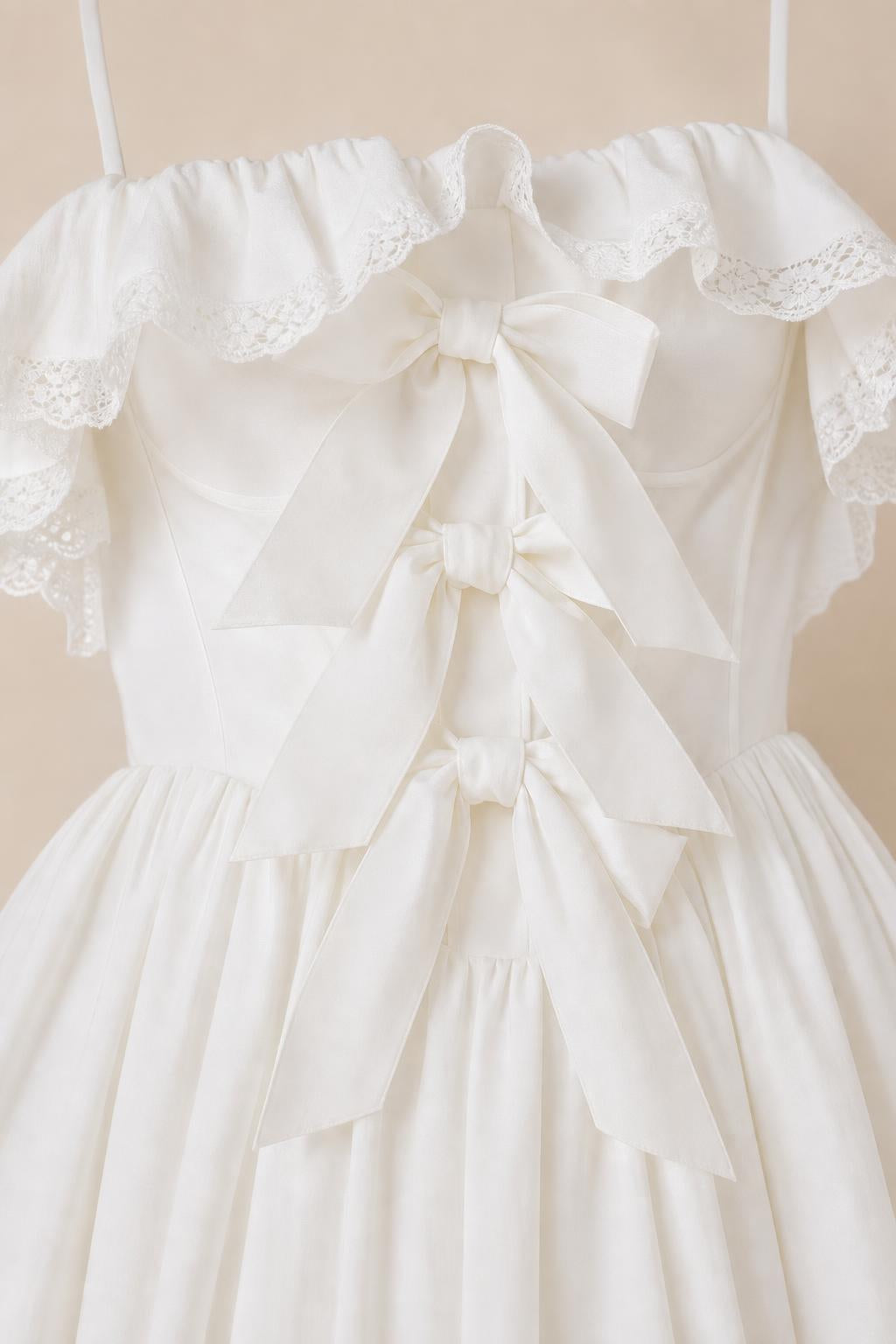 Close-up detail of front bodice bows and ruffles on white dress